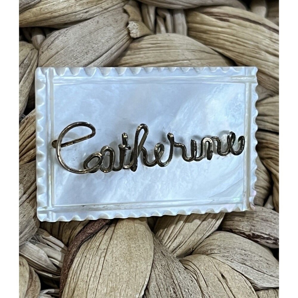 VTG Carved Mother of Pearl Shell Pin Brooch Gold Filled Wire Name Catherine - Picture 5 of 9